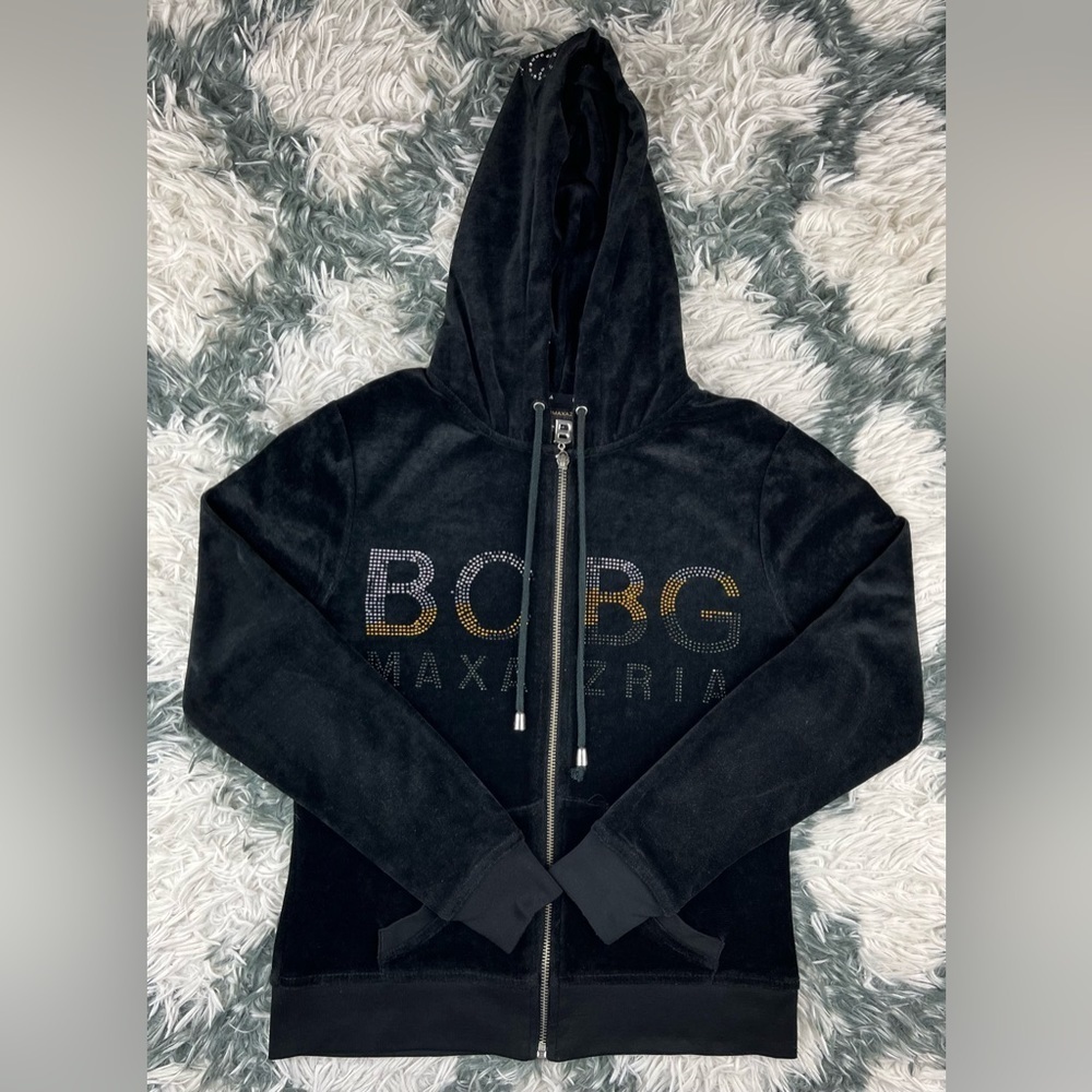 BCBG Maxazria Women's Black Velour Full Zip Sweatshirt Size Medium